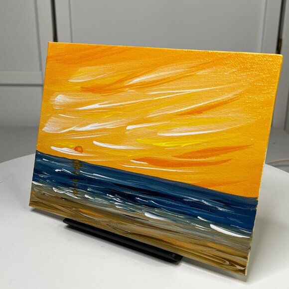 Sun Setting Over The Sea Acrylic Seascape Painting 6" x 8" Unframed - Signed - Picture 3 of 7